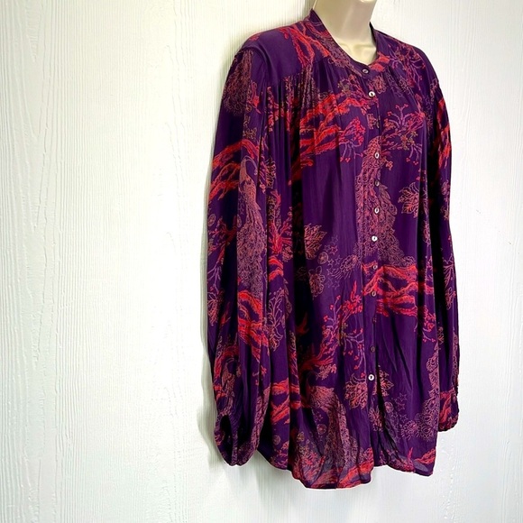 Free People - Peacock Feather Pattern Purple Button Down Long Sleeve Blouse SM - Picture 4 of 11